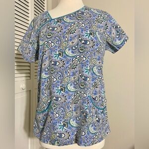 UA Scrubs Blue Green Paisley Women's 4-Pocket Top Small